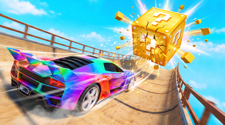 Aperçu de la base et de la collecte de Lucky Blocks dans Mega Ramp for Lucky Blocks sur Roblox
